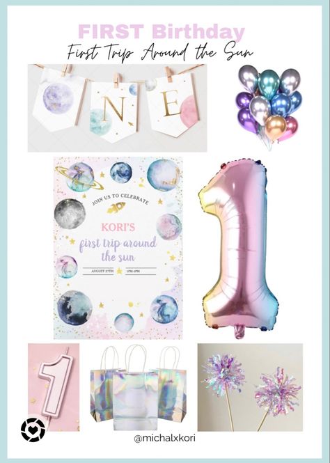 Space or galaxy party decor for first birthday. #firstbirthdayparty #birthdaygirl #ideas Galaxy First Birthday Party, One In A Million Birthday Theme, Girl Space Birthday Party, Galaxy Birthday Party Ideas, Galaxy Party, First Trip Around The Sun, Space Birthday Party, Shop Space, Baby Planning