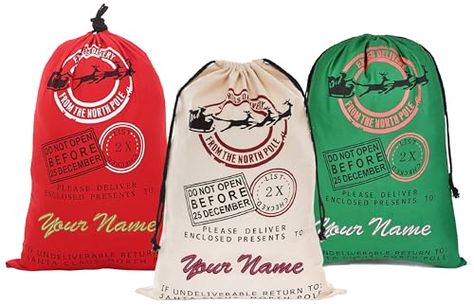 Personalized Drawstring Christmas Sack, 3 Pack, Beige, Green or Red - Add Your Name - Custom Embroidered Santa Canvas Stocking Bags for Kids, Family Santa Bags For Kids, True Christmas, Santa Canvas, Reindeer Silhouette, Company Christmas Party, Burlap Canvas, Bags For Kids, Santa Bags, Christmas Sack