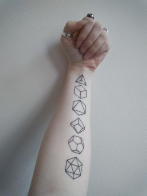 Polyhedral dice by Jay at Eagles Dare in Glasgow #tattoos #tattoo #beauty Polyhedral Dice Tattoo, Magic The Gathering Tattoo, Dice Tattoo Design, Tattoo Dice, Dice Tattoo, Trending Tattoos, Prison Tattoos, R Tattoo, Polyhedral Dice