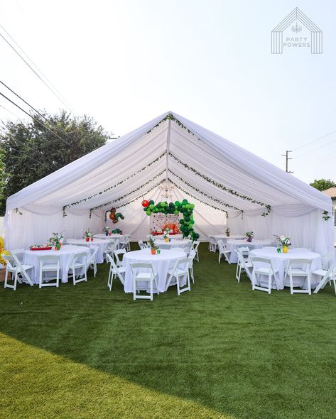 30x30 A Very Hungry Caterpillar Theme 🐛 . Rentals 👇🏽 30x30 Tent with White Draping 2 Gold Chandelies Ivy Vines on the tent 9 round tables with white tablecloth 72 White Padded Chairs 7’x7’ White Pipe and Drape Backdrop with balloons . #tent #draping #white #caterpillar #1st #birthday #party White Caterpillar, Tent Draping, A Very Hungry Caterpillar, Drape Backdrop, Pipe And Drape Backdrop, White Tablecloth, Ivy Vine, Pipe And Drape, Round Tables