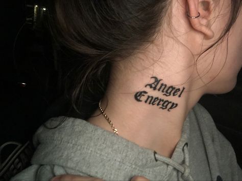 Word Neck Tattoos, Tattoo Word Fonts, Tattoos Gone Wrong, Energy Tattoo, Tattoo Fonts Cursive, Angel Energy, Neck Tattoo For Guys, Red Ink Tattoos, Tattoo Lettering Fonts