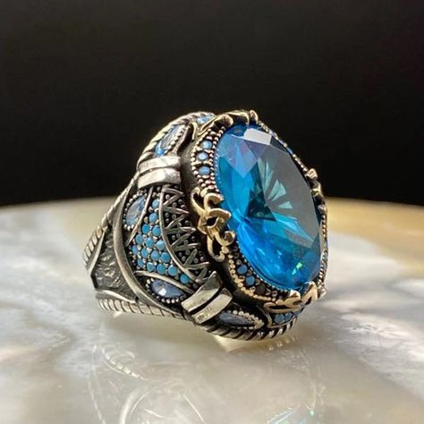 Taweez For Protection, Turkish Rings, Aquamarine Color, Fancy Watches, Mens Gemstone Rings, Mens Silver Jewelry, Sterling Silver Mens Rings, Blue Ring, Magical Jewelry