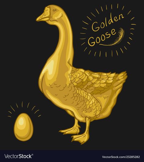 Golden goose goose on a black background Vector Image Golden Goose Illustration, Golden Goose Drawing, Goose Drawing, Goose Tattoo, Bell Image, Baby First Birthday Themes, The Golden Goose, Golden Egg, Jack And The Beanstalk