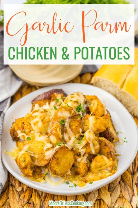 Garlic Parm Chicken and Potatoes - Moore or Less Cooking Garlic Parm Chicken And Potatoes, Potato Skillet Dinner, Garlic Parm Chicken, Parmesan Wing Sauce, Parm Chicken, Crispy Roasted Potatoes, Garlic Parmesan Wings, Garlic Parmesan Sauce, Potatoes Recipes