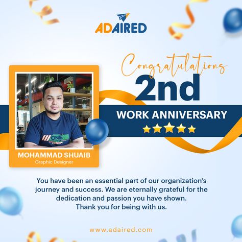 Work Anniversary Cards Employee, 1 Year Anniversary, Work Anniversary Post, Work Anniversary Cards, Happy Work Anniversary, Company Anniversary, Social Media Advertising Design, Anniversary Greetings, Work Anniversary