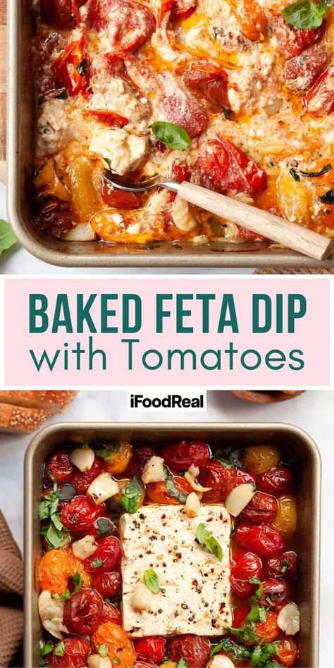 Creamy Baked Feta Dip with tomatoes, garlic, and fresh basil is a simple appetizer perfect for serving with crackers or crusty bread. Feta Dip With Tomatoes, Dip With Tomatoes, Baked Feta Dip, Cherry Tomato Appetizers, Baked Feta Recipe, Feta Cheese Dip, Tomato Appetizers, Roasted Grape Tomatoes, Baked Appetizers