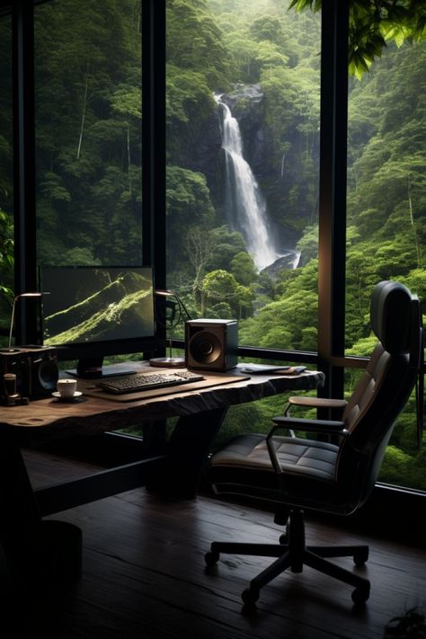 Men Workspace, Workspace Minimalist, Black Luxury House, Minimalist Office Design, Dark Modern House, Nature Office, Office With A View, Workspace Office, Ocean Front Homes