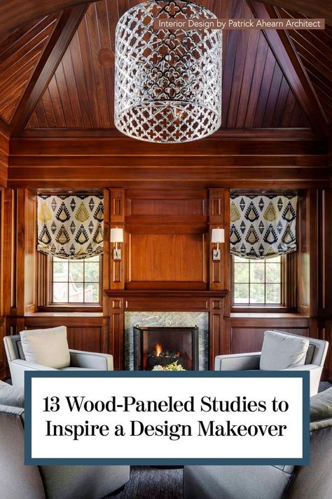 Wood-paneled walls create richness and warmth in a space, while at the same time infusing it with charm and sophistication. Traditional Wood Wall Paneling, Wood Paneled Office, Paneled Den, Wood Paneled Walls, Leaded Glass Cabinets, Patrick Ahearn Architect, Getting Work Done, Paneled Walls, Mahogany Paneling