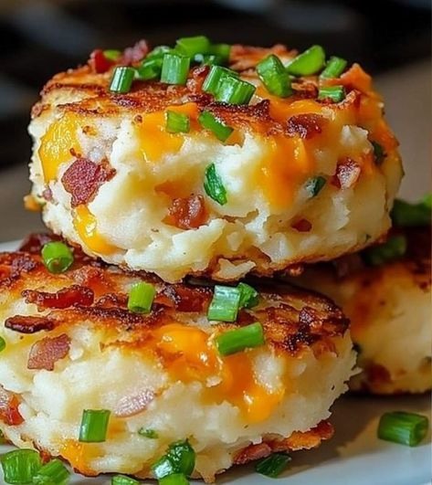 Mediterranean Diet Easy Recipes 2024 | Mediterranean Loaded Mashed Potato Cakes | Facebook Mashed Potato Cakes Leftover, Cooking Mashed Potatoes, Mashed Potato Cakes, Veggie Side Dish Recipes, Broccoli And Potatoes, Loaded Mashed Potatoes, Sausage Dishes, Diet Recipes Easy, Patties Recipe