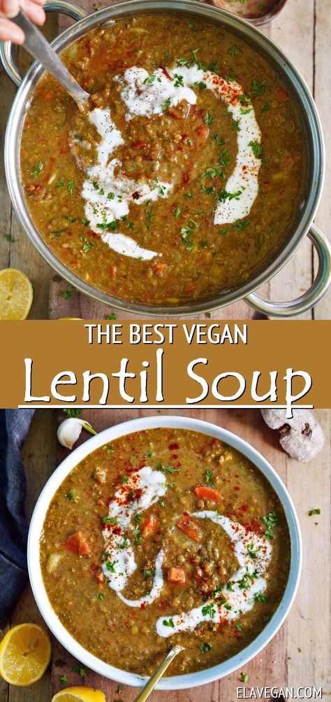 The best vegan lentil soup - made in just one pot with inexpensive, healthy ingredients and packed with hearty, wholesome texture and flavor! Perfect for enjoying alone, with bread for dipping, or a side salad! #veganlentilsoup #lentilstew #lentilsoup #healthylentilsoup #elasrecipes | elavegan.com Vegan Lentil Soup Recipes, Ella Vegan, Best Lentil Soup Recipe, Bread For Dipping, Lentils Vegan, Lentil Soup Recipe, Vegan Lentil Soup, Lentil Dishes, Vegan Lentil