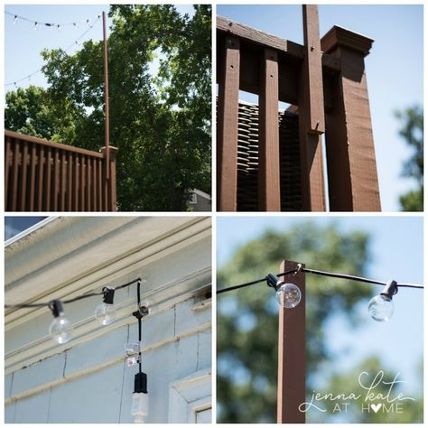 How to hang outdoor string lights on a deck - it's so easy to do! Deck String Lights, House Lighting Outdoor, Outdoor Deck Lighting, Clean Patio, Farmhouse Style Lighting, Raised Deck, Building A Porch, Room Vibes, Deck Posts