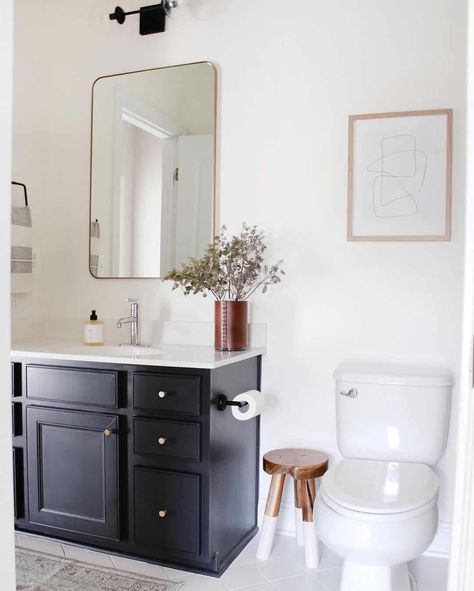 Vanity Painted With Iron Ore Sherwin Williams Paint - Soul & Lane Iron Ore Bathroom Vanity, Iron Ore Bathroom, Iron Ore Sherwin Williams, Guest Bathroom Design, Sherwin Williams Paint, White Toilet, Gold Framed Mirror, White Tile Floor, Builder Grade