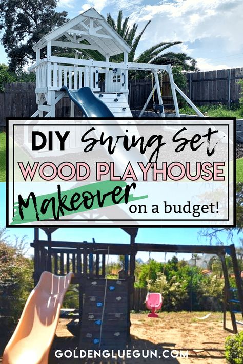 Here you can see how this free wood swingset playhouse got a trendy makeover with a DIY budget. Check it out! | https://goldengluegun.com/wood-playhouse-swingset-makeover/ Diy Wood Playhouse, Wood Playhouse Makeover, Playhouse Swingset, Swing Set Makeover, Playset Makeover, Diy Playset, Wooden Play Structures, Sand Pits For Kids, Playhouse Makeover