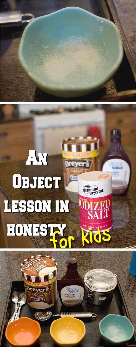 An Object Lesson for Kids on Honesty -  a fun way to talk to kids about telling the truth using ice cream, salt and chocolate syrup. From overthebigmoon.com! #honesty #kidslessons #sundayschool #tellingthetruth #lying #fhe Ice Cream Object Lesson, Honesty Lesson, Sunday School Object Lessons, Devotions For Kids, Family Home Evening Lessons, Kids Church Lessons, Bible Object Lessons, Childrens Sermons, Fhe Lessons