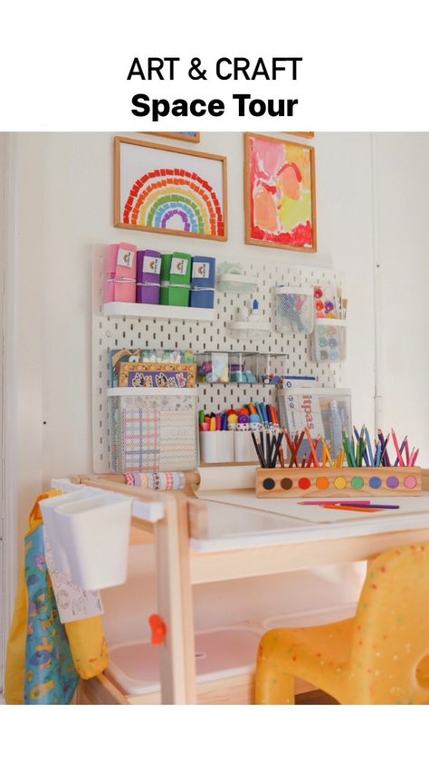 Art & Craft Desk Tour! 🖍️ You asked for it and here it is! A look around our art & craft space 🖼️ We’ve had the desk and pegboard set up… | Instagram Ikea Art Station For Kids Playroom, Preschool Art Station Set Up, Art Desk Toddler, Art Station In Bedroom, Ikea Trofast Art Table, Toddler Playroom Art Area, Kids Art Area Small Spaces, Arts And Crafts Playroom, Ikea Kids Craft Area