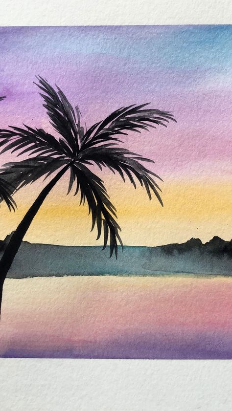 Watercolor Art Palm Tree, Palm Trees Watercolor Painting, Simple Palm Tree Painting, Watercolor Palm Tree Sunset, Water Colours For Beginners, Palm Tree Silhouette Painting, Watercolour Palm Tree, Watercolor Paintings Beginner, Small Watercolor Art