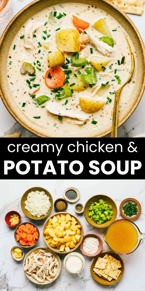 Cozy up with this creamy one-pot chicken potato soup! Loaded with tender chicken, hearty potatoes, and a rich, savory broth, it’s the perfect comfort food for chilly days. Simple, satisfying, and irresistibly delicious! Simple Meat And Vegetable Dinners, Potato And Noodle Soup, Comfort Crockpot Recipes, Potato And Veggie Soup, Creamy Chicken Soup Crockpot, Bow Tie Soup, Easy Lunch Meal Prep For The Week, All Day Crockpot Meals, Soup With Chicken Recipes