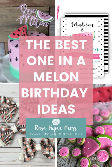 The best ideas for hosting a modern and fun One in a Melon 1st birthday featuring watermelon themed invitations, cake, cookies, outfits, party favors, decor, high chair banners, cake toppers, thank you cards and stickers, and more. One In A Melon Party Favors, One In A Melon First Birthday Food, One In A Melon First Birthday Cake, One In A Melon First Birthday, Watermelon Birthday Party Theme, Watermelon Birthday Parties, Modern Birthday, Watermelon Party, Watermelon Birthday