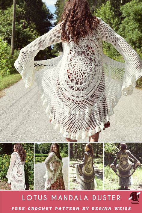 Amazing stunning crochet coat like a poncho, lovely bohemian lace duster jacket, available for free. This coat can be fit to any size. Perfect for the warm season, combine with long dress. Enjoy! The link to the full article is below. DESIGNED by Regina Weiss SKILL LEVEL easy Free Pattern Lotus Duster FOLLOW US ON PINTEREST Mandala Crochet Vest Free Pattern, Crochet Fairy Queen Coat Free Pattern, Crochet Clothes Boho Free Pattern, Crochet Long Coat Pattern Free, Crochet Duster Outfit, Mandala Cardigan Crochet, Long Crochet Duster Pattern Free, Crochet Lace Blanket Free Pattern, Bohemian Crochet Patterns Free