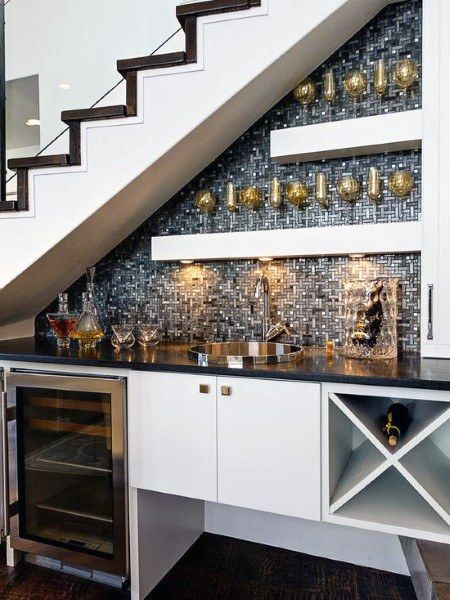 Top 70 Best Home Wet Bar Ideas - Cool Entertaining Space Designs Under Stairs Cabinet Ideas, Under The Stairs Ideas, Stairs Shelves, Bar Under Stairs, Stairs Pantry, Small Kitchen Bar, Stairs Closet, Basement Stairs Remodel, Storage Closets