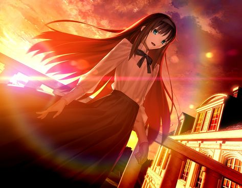 Akiha Tohno, Clenched Hand, Bangs Black Hair, Black Hairband, Dutch Angle, Gradient Hair, Neck Ribbon, Multicolored Hair, Ribbon Shirt