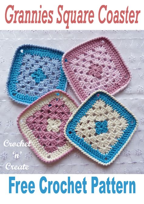 Free crochet pattern for grannies square coaster, in USA and UK formats, pattern available on #crochetncreate #crochetcoaster #crochetforkitchen #crochetgrannypatterns #freecrochet #crochet #howto #crochetpatterns #freecrochetpatterns #easypatterns #freepatterns #forbeginners #diy #crafts Motifs Granny Square, Crochet Unique, Beau Crochet, Crochet Coasters Free Pattern, Crochet Coaster Pattern, Crochet Motif Patterns, Crochet Simple, Crochet Motifs, Granny Squares Pattern