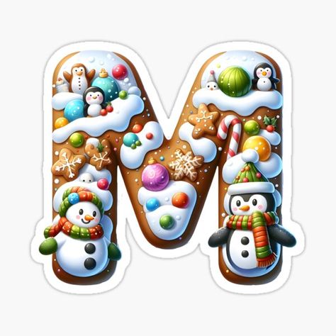 This image depicts a winter-themed letter "M" adorned with snowmen, a penguin, and Christmas ornaments, ideal for seasonal educational content and festive decorations. Christmas Alphabet Letters, M Sticker, Xmas Stickers, M Letter Images, Xmas Sticker, Idee Cricut, Christmas Letter, Educational Content, Christmas Fonts