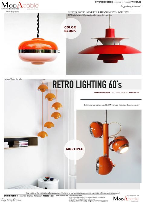 60s Lighting, 60s Interior Design, 60s Interior, Colour Trend, Fashion Trend Forecast, 60s Retro, 2022 Trends, Retro Lighting, Print Trends