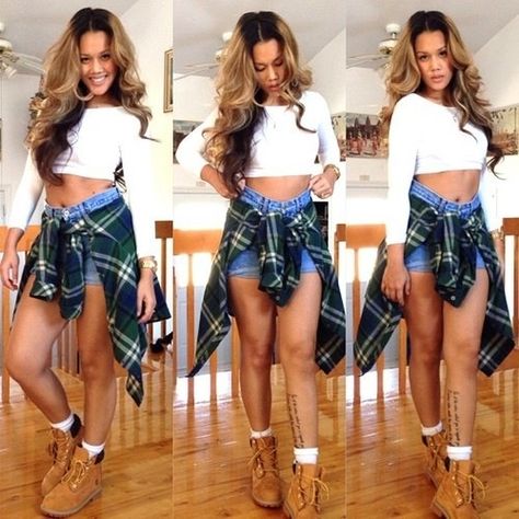 Swag outfit Green Timberland, Timbs Outfits, Boots Shorts, Timberland Outfits, Green Plaid Shirt, Shoes Jeans, Plaid Shirts, Timberlands