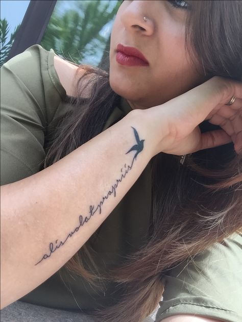 Roots To Grow Wings To Fly Tattoo, She Flies With Her Own Wings Tattoo, Wing Tattoo Arm, Latin Tattoo, Flying Tattoo, Brave Wings, Forearm Tattoo Women, Tattoo Women, Symbol Tattoos