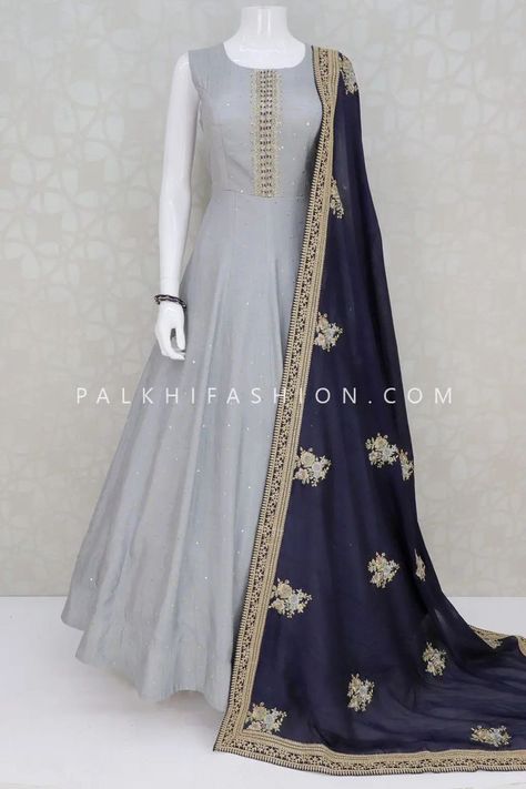 Long Kurti Designs Party Wear, Handwork Dupatta, Navy Blue Dupatta, Dress Paterns, Palkhi Fashion, Indian Designer Clothes, Beautiful Frocks, Blue Dupatta, Simple Frock Design