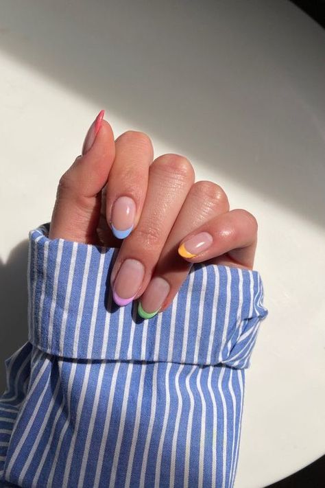 Easter Nail Ideas, Easter nails, pastel nails, floral nails, pastel french tip nails, french tip nails Pastel French Manicure, Colored French Nails, Easter Nail Ideas, French Tip Gel Nails, Colored Nail Tips, Multicolored Nails, Colour Tip Nails, Easter Nail, Nagel Tips