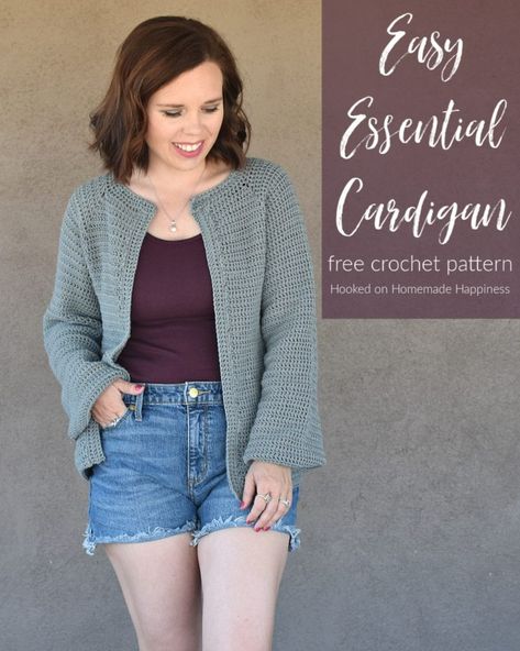 Easy Essential Cardigan Crochet Pattern - Hooked on Homemade Happiness Hoodie Crochet Pattern, Crochet Cardigan Pattern Free Women, Hoodie Crochet, Crocheted Sweaters, Cardigans Crochet, Crochet Apparel, Crochet Cardigan Free, Knit Clothes, Cardigan Crochet Pattern