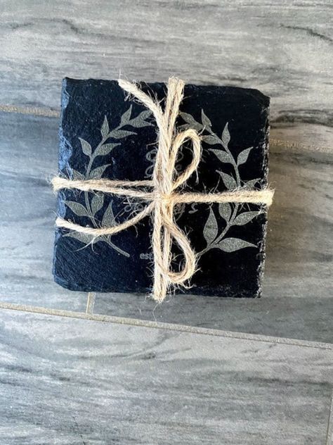 Ceramic Tile Crafts, Tile Crafts, Slate Coasters, Decorative Tile, Laser Engraved, Twine, Ceramic Tiles, Laser Engraving, Home Accents