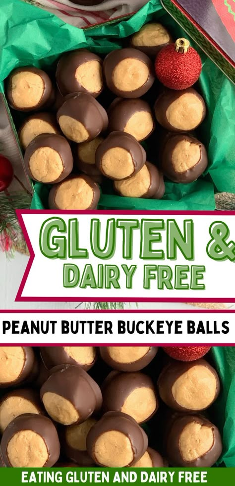 A pile of buckeye balls in green tissue paper. Gluten Free Christmas Baking, Peanut Butter Chocolate Balls, Peanut Butter Balls Easy, Gluten Free Dairy Free Dinner, Buckeye Balls, Buckeyes Recipe, Gluten Free Substitutes, Gluten Free Christmas Cookies, Best Gluten Free Desserts