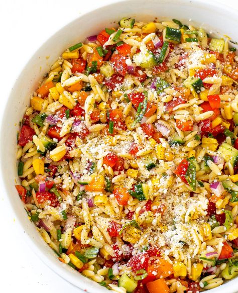 Orzo Pasta Salads, Pasta Salads For Parties, Warm Orzo Salad, Summer Orzo, Chef Savvy, Easy Bruschetta, How To Cook Orzo, Orzo Pasta Salad, Honey Barbecue