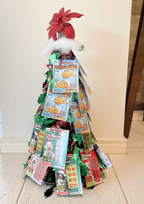 Scratchie Lottery Ticket Gift Tree — CraftBits.com Lottery Ticket Xmas Tree, Christmas Lottery Tree, Lotto Christmas Tree, Christmas Tree Lottery Tickets, Diy Lottery Ticket Tree, Scratch Ticket Tree, Scratchers Christmas Gift Ideas, Lottery Christmas Tree, Lottery Ticket Bouquet Christmas