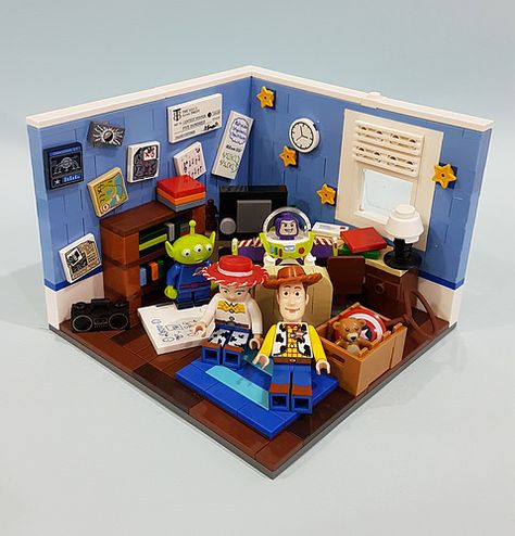 Toy Story | The decoration is following Toy story show, Andy… | Flickr Disney Display, Andy's Room, Lego Toy Story, Lego Tv, Minecraft Lego, Lego Furniture, Lego Display, Lego Diy, Skins Minecraft