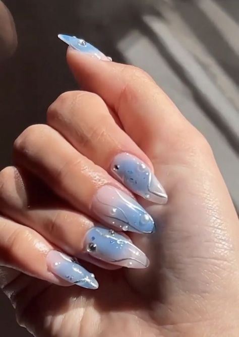 Korean Glass Nails Blue, Aurora Nails Blue, Translucent Blue Nails, Blue Fairy Nails, Blue Douyin Nails, Blue Jelly Nails, Lotus Nails, Gel Chrome Nails, Baby Blue Acrylic Nails