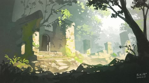 Media posts by ほめのび@背景イラストレーター (@homenobi_bg) / X Concept Art Process, Landscape Rocks, Jungle Temple, Style Palette, Backgrounds Ideas, Brush Texture, Abandoned City, Abandoned Churches, Art Test