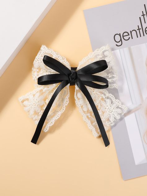 Beige Casual   Polyester  French Clip Embellished   Women Accessories Fancy Hair Clips Accessories, Ribbon Hair Clips Diy, Bow Clips Diy, Cute Diy Hair Accessories, Hair Accessories Ribbon, White Ribbon Bow, Hair Bows Diy Ribbon, Simpul Pita, Embroidered Hair Bows