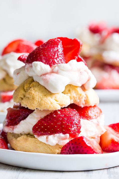 Classic strawberry shortcake is made gluten-free, dairy-free, and paleo yet it's every bit as delicious as the original!  Grain free Paleo biscuits are filled with lightly sweetened strawberries and an easy coconut whipped cream for a fun anytime dessert that everyone will love. Paleo Biscuits, Gluten Free Strawberry Shortcake, Mousse Au Chocolat Torte, Paleo Running Momma, Shortcake Biscuits, Strawberry Shortcake Recipe, Strawberry Shortcakes, Strawberry Shortcake Recipes, Shortcake Recipe