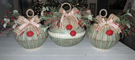 Dollar Tree Fanatics Crafts & Decor | Fourth set of DT punch bowl ornaments | Facebook Bowl Ornaments Christmas, Dollar Tree Punch Bowl Ornament, Dollar Tree Bowl Ornaments, Giant Ornaments, Hammons Nest, Bowl Ornaments, Crafts Decor, On To The Next, Punch Bowls