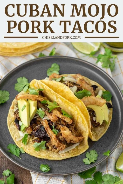 Cuban Tacos, Mojo Pork Tacos, Cuban Pork Tacos, Sides For Cuban Mojo Pork, Cuban Mojo Sauce, Cuban Mojo Pork, Cuban Pulled Pork, Meat Lovers Recipes, Pork Roast Crock Pot Recipes