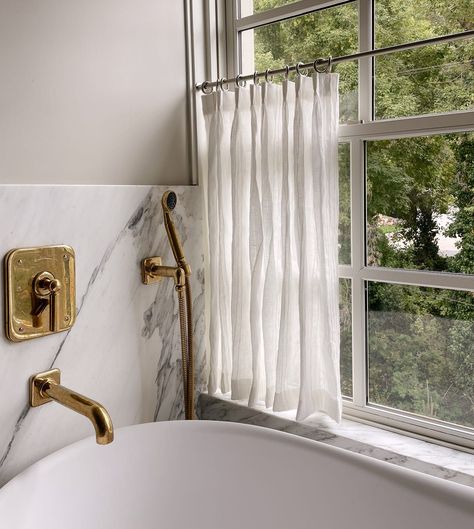 Powder Room Window, Amber Interiors Bathroom, Bathroom Window Coverings, W Design Collective, Cafe Shutters, Half Window Curtains, Bathroom Window Curtains, Cafe Curtain Rods, Bathroom Window Treatments