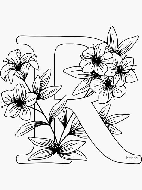 "R - Monogram Floral Botanical" Sticker by leoshe | Redbubble R Letter Art, Easy Drawings Ideas, Sketches To Draw, Book Sketches, R Drawing, R Monogram, Floral Monogram Letter, R Letter, Floral Logo Design