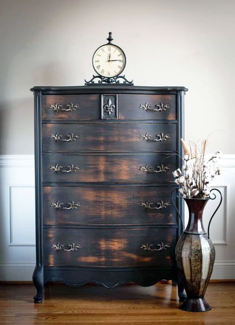 "Uniquely beautiful! This look was achieved using General Finishes Lamp Black as a wash to let some of the stain peek through. A generous amount of distressing on the drawer fronts to complete the look! Completely sealed for durability." Black Wash Furniture, Black Painted Furniture, Dresser Painted, Custom Painted Furniture, Furniture Painting Techniques, Dresser Furniture, General Finishes, Furniture Rehab, Diy Furniture Renovation