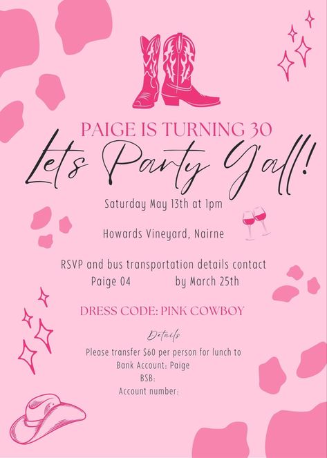 Cowgirl Themed Birthday Party Invitations, 21st Birthday Invitations Cowgirl, Cowboy Pink Party, Pink Cowboy Hat Aesthetic Party, Pink Cowgirl Party Invitation, Cowgirl Birthday Invitations Template, Western Pink Party, Pink Cowgirl Invitations, Disco Cowgirl Birthday Party Invitations