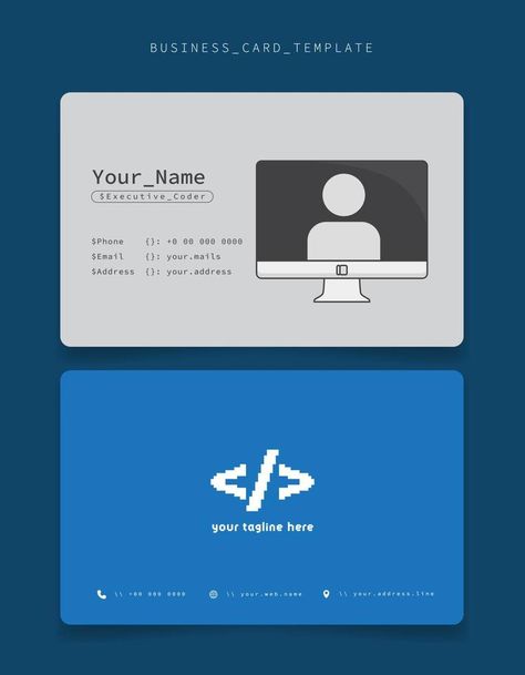 Business card or ID card template with developer icon in pixel for programmer identity design Developer Business Card, Developer Icon, Design Advertisement, Id Card Template, Presentation Cards, Vector Food, Visiting Cards, Software Engineer, Party Card