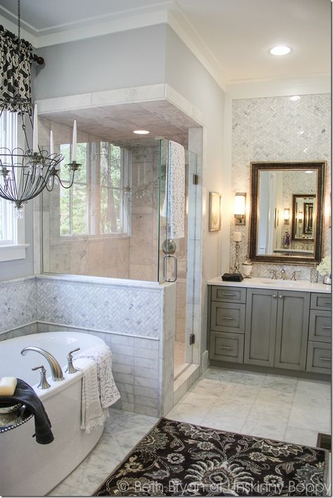 Love the tile behind the mirror. 2015 Birmingham Parade of Homes decorating Ideas. Built by Town Builders in Mt Laurel, Birmingham Alabama. Tile Behind Vanity, Bathroom Tiling, Pretty Bathroom, Gray Stain, Interior Simple, Mirror Vanity, Tub Surround, Master Bath Remodel, Marble Backsplash